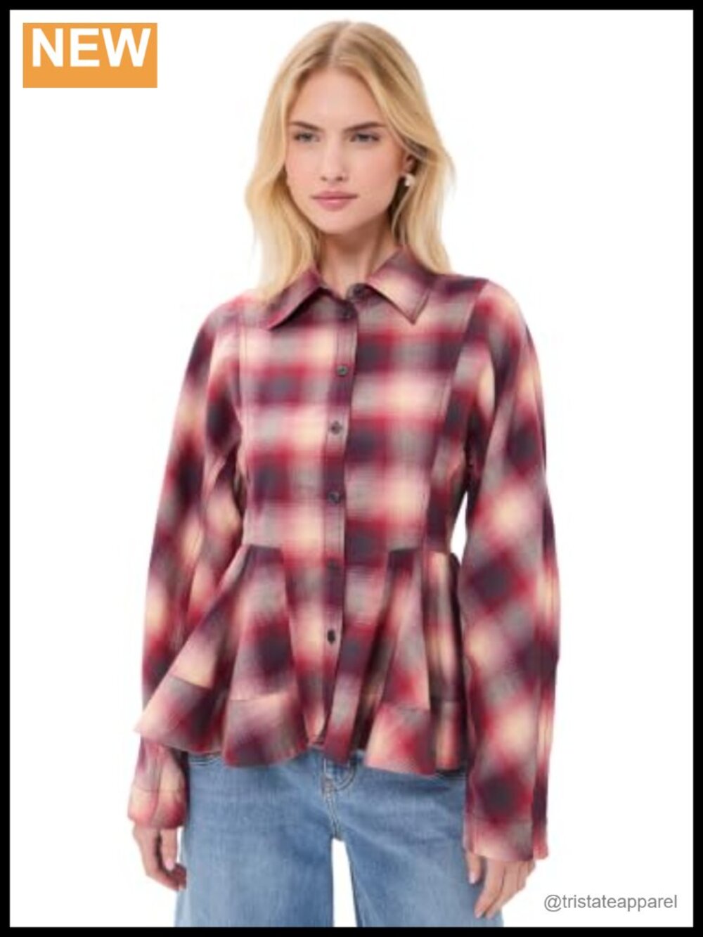 Women's Cotton Flannel Check Peplum Shirt Long Sleeve Button Down